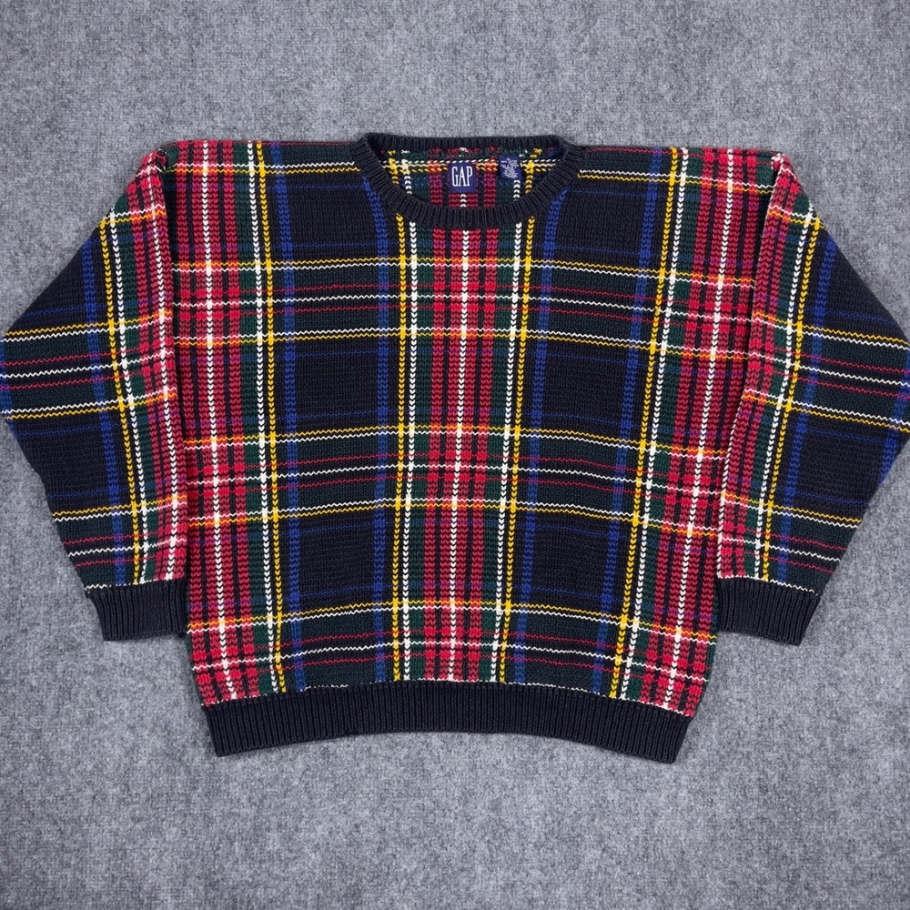 GAP Plaid Knit Sweater Mens‎ XL Multicolor Vintage Cotton Crewneck